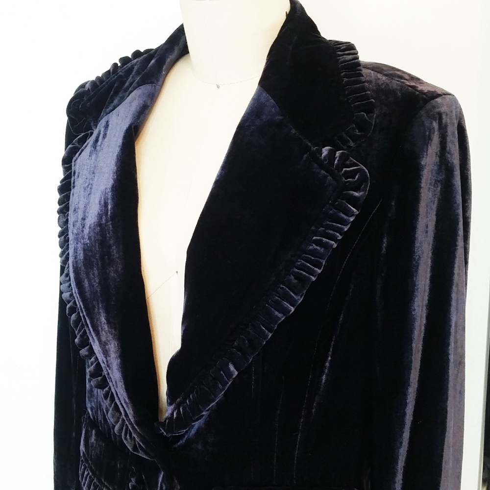Blue Panne Velvet Blazer Jacket Ruffle Trim - Picture 4 of 8